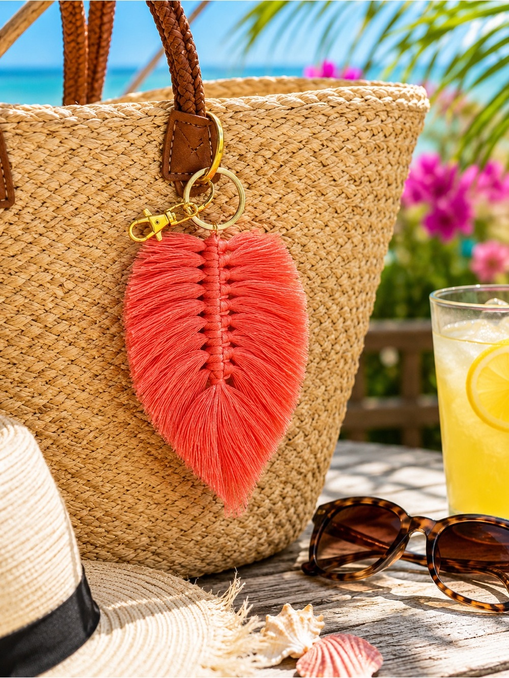 Boho Macrame Leaf Keychain Bag Charm Coral